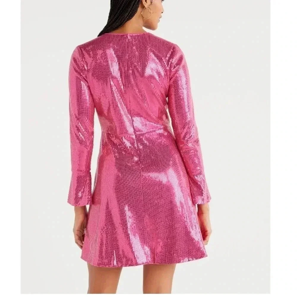 KIDS Scoop NYC Pink Sequin Long-Sleeve Mini Dress - Picture 2 of 9